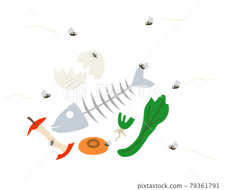 蒼蠅在廚房垃圾周圍飛行的插圖 79361791