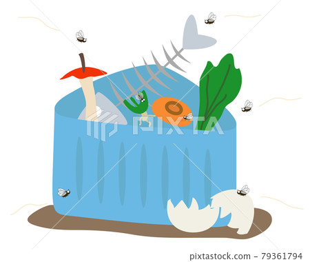 Illustration of flies flying around a triangular corner containing kitchen waste 79361794