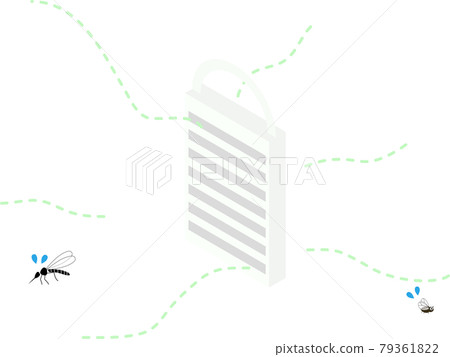 Illustration of mosquitoes and hanging insect repellent items 79361822