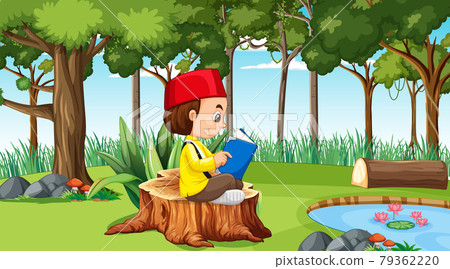 Muslim boy wears traditional clothes and reading a book in the forest 79362220