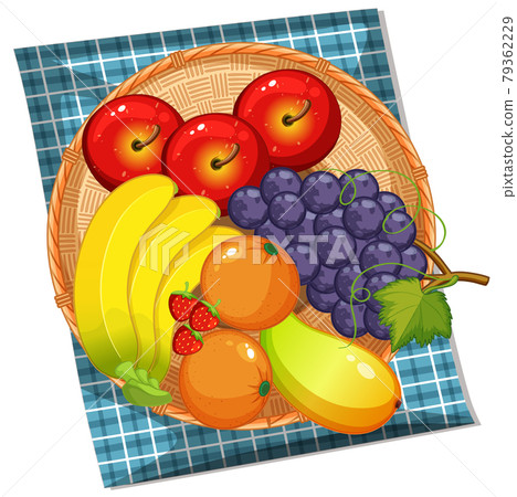 Top view of many fruits in the basket isolated on white background 79362229