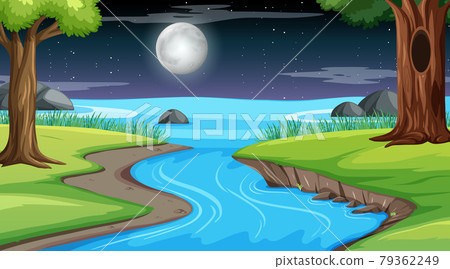 Nature forest landscape at night scene with long river flowing through the meadow 79362249