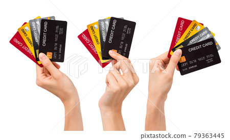 Hand holding mockup credit card, gesture collection isolated on white background. 79363445