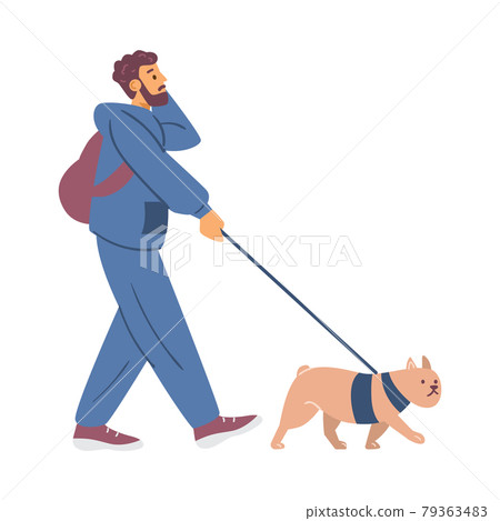 Young man walking his dog and talking phone, flat vector illustration isolated. Young man walking his dog and talking phone, flat vector illustration isolated. 79363483