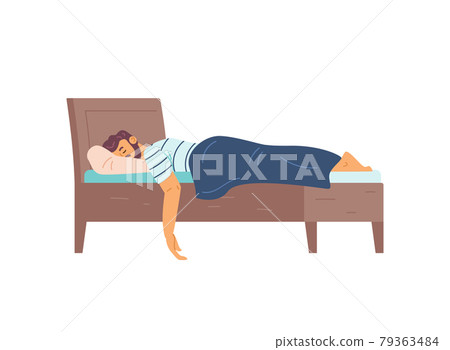 Man sleeping in his bed at night, flat vector illustration isolated on white. Man sleeping in his bed at night, flat vector illustration isolated on white. 79363484