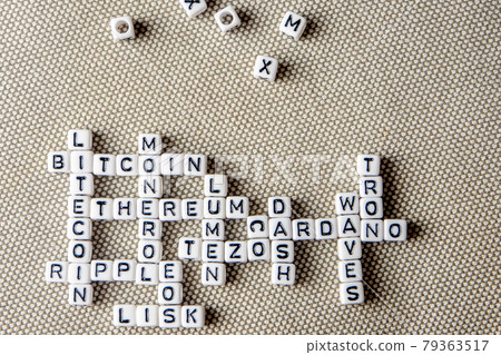 set of popular crypto coins words forming thematical crossword made of white cubes with black capital letters set of popular crypto coins words forming thematical crossword made of white cubes with black capital letters 79363517