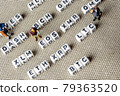 set of popular crypto coins forming rows made of white cubes with black capital letters and miniature businessmen figurines having a team meeting 79363520