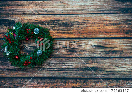 Christmas background with Christmas decorations on the dark wooden 79363567
