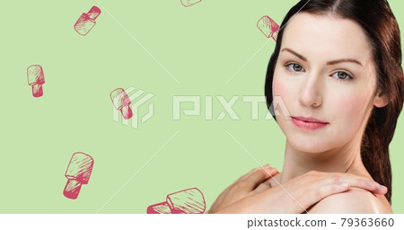 Composition of nail polish with woman repeated on green background Composition of nail polish with woman repeated on green background 79363660