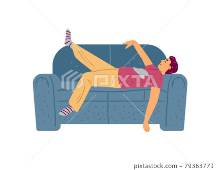 Lazy or tied man sleeping on couch, flat vector illustration isolated on white. 79363771