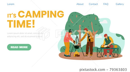 Camping time banner with people traveling as campers, flat vector illustration. 79363803
