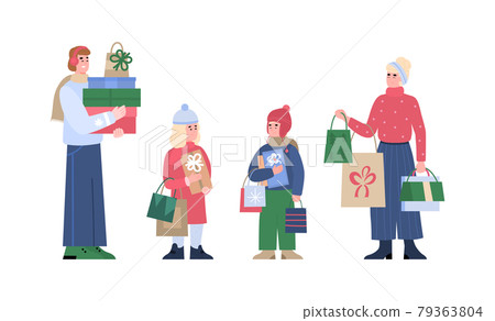 Happy shoppers family with kids hold bags and packages with christmas gifts. 79363804