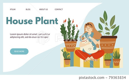 Urban jungle website with woman petting her cat in room with houseplants, flat vector illustration. Scandinavian urban greenery at home concept of web banner. Urban jungle website with woman petting her cat in room with houseplants, flat vector illustration. Scandinavian urban greenery at home concept of web banner. 79363834