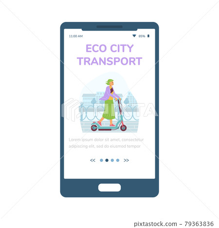 Mobile phone app with girl ride on electric kick scooter at urban street. Mobile phone app with girl ride on electric kick scooter at urban street. 79363836