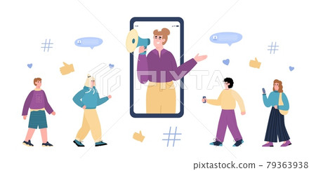 Woman influencer shout out in megaphone to followers a flat vector illustration. 79363938