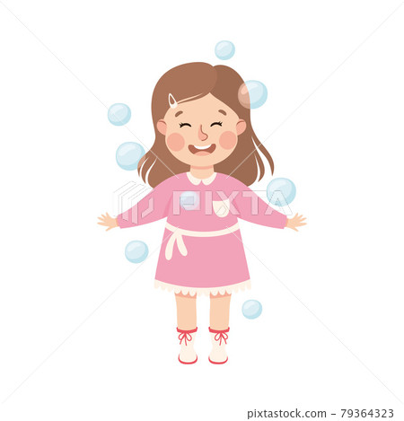 Cute Girl Playing Soap Bubbles, Adorable Kid Leisure Activity Concept Cartoon Vector Illustration Cute Girl Playing Soap Bubbles, Adorable Kid Leisure Activity Concept Cartoon Vector Illustration 79364323