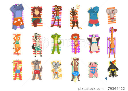 Set of Wild Animals in Swimwear Sunbathing on the Beach, Different Animals Relaxing on Seashore Cartoon Vector Illustration Set of Wild Animals in Swimwear Sunbathing on the Beach, Different Animals Relaxing on Seashore Cartoon Vector Illustration 79364422