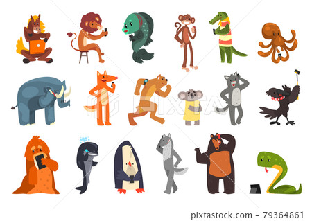Wild Animals Using Modern Gadgets Set, Animal Characters Talking Smartphone, Making Selfie, Using Tablet PC Cartoon Vector Illustration 79364861