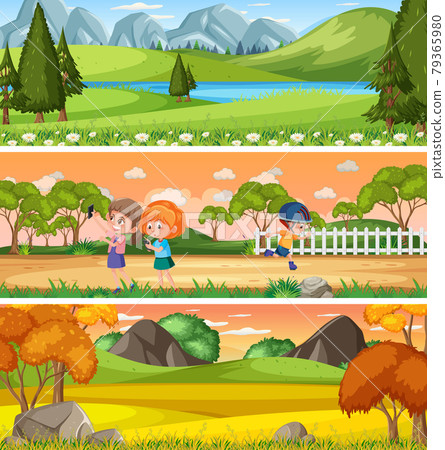 Different panoramic nature landscape set with cartoon character Different panoramic nature landscape set with cartoon character 79365980