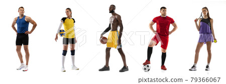Sport collage. Tennis, soccer football, basketball, fitness, running, volleyball players posing isolated on white studio background Sport collage. Tennis, soccer football, basketball, fitness, running, volleyball players posing isolated on white studio background 79366067