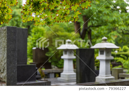 Cemetery on a rainy day, black tombstones and white stone lanterns 79366227