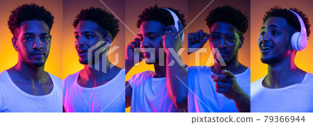 Collage of portraits of young handsome african man isolated over bright gradient background in neon lights Collage of portraits of young handsome african man isolated over bright gradient background in neon lights 79366944