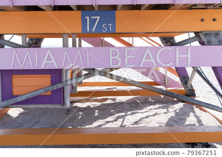 Miami Beach sign on lifeguard tower station 17 st in Miami, USA Miami Beach sign on lifeguard tower station 17 st in Miami, USA 79367251