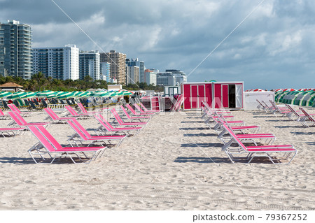 Chaise lounges in Miami, USA. Pink chaise lounges on beach in row. Beach furniture. Summer vacation Chaise lounges in Miami, USA. Pink chaise lounges on beach in row. Beach furniture. Summer vacation 79367252