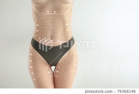 Cropped slim female body in white underwear isolated over light studio background. Cropped slim female body in white underwear isolated over light studio background. 79368146