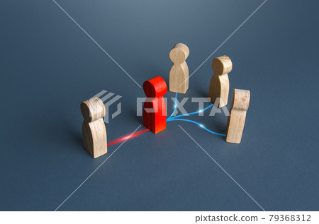 Red man acts as a contact mediator. Deliberate distortion of information and data manipulation. Influencer. Interests representative, secretary, confidant. Proxy. Lobbyist concept. Grey cardinal idiom 79368312