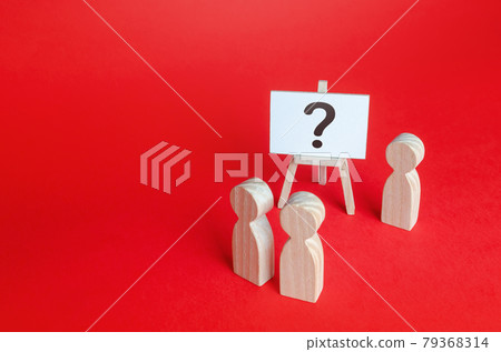People are standing near the easel with a question mark. Asking questions, searching for truth. Curiosity, learn and improve. mystery, investigation research. Survey. Announcement of event, surprise. 79368314