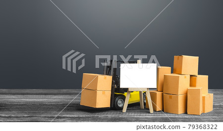 Forklift with boxes and blank easel sign. Warehousing concept and logistics transportation of goods and products. Economy, industry infrastructure. Sale trade. Import and export. Delivery and shipment Forklift with boxes and blank easel sign. Warehousing concept and logistics transportation of goods and products. Economy, industry infrastructure. Sale trade. Import and export. Delivery and shipment 79368322