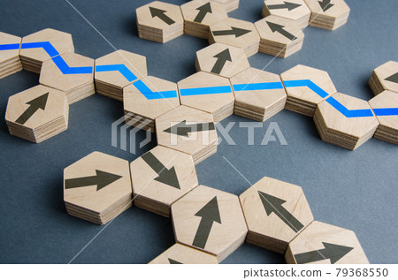 Blue optimal path among all possible movement options. Business strategic planning, risk management. New markets opportunities. Action plan, solution path. Optimization, adjustment of the process. Blue optimal path among all possible movement options. Business strategic planning, risk management. New markets opportunities. Action plan, solution path. Optimization, adjustment of the process. 79368550