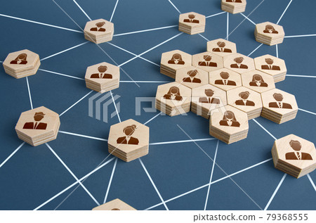 A network of connected people with a large group of employees. Organized communication system between company workers. Decentralized networking communication. Partnerships, business relations 79368555