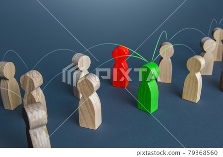 Red and green people in the corporate network. Resolution of issues and conflicts through contact managers. Concept of a reliable cooperating partner and an unreliable non-negotiable intermediary 79368560