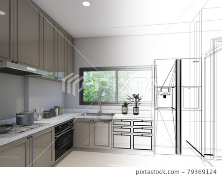 abstract sketch design of kitchen room ,3d rendering abstract sketch design of kitchen room ,3d rendering 79369124