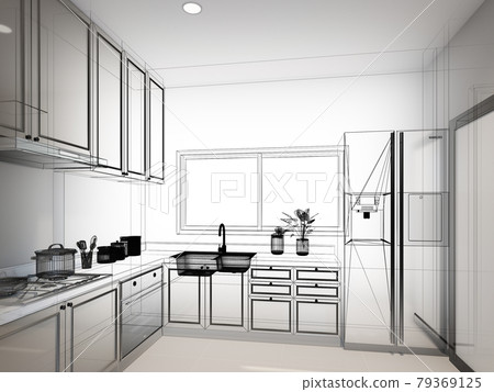 abstract sketch design of kitchen room ,3d rendering  79369125