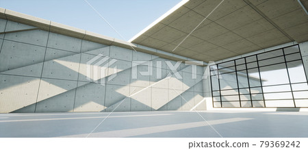 Vibrant and detailed panoramic landscape: concrete geometric architecture (3D CG rendered digital illustration) 79369242