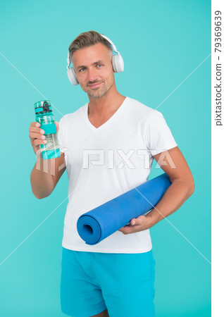 Stay hydrated. Thirsty sportsman blue background. Stay hydrated. Thirsty sportsman blue background. 79369639
