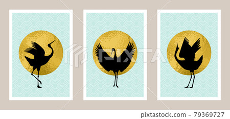 Japanese crane abstract art set with gold foil background 79369727
