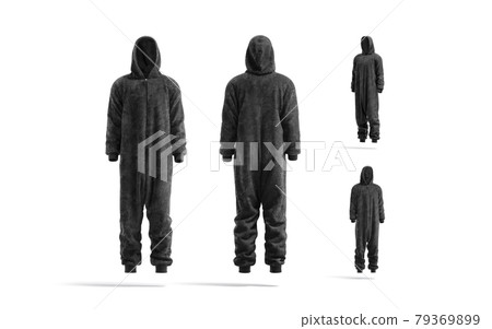 Blank black plush jumpsuit with hood mockup, different views 79369899