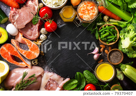 Paleo diet concept. Raw foods high protein and low carbohydrate products, ingredients for healthy food. Copy space. Top view flat lay. 79370407