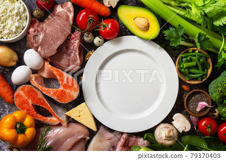 Ketogenic diet concept, ingredients for healthy food. Various balanced useful components healthy low carbohydrate foods. Copy space. Top view flat lay. Copy space. Ketogenic diet concept, ingredients for healthy food. Various balanced useful components healthy low carbohydrate foods. Copy space. Top view flat lay. Copy space. 79370408