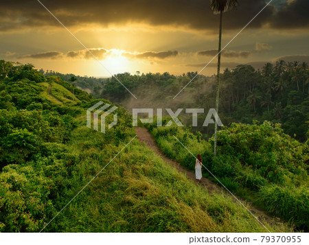A woman taking a walk in the forest at sunset 79370955