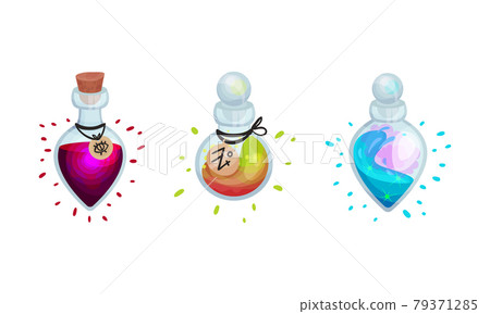 Glass Bottles and Jars with Potion Corked with Bottle Cap Vector Set 79371285