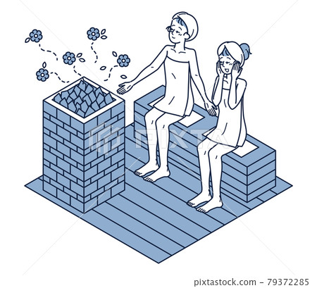 兩個女人等距享受桑拿房裡的香氣 兩個女人等距享受桑拿房裡的香氣 79372285