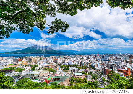 Sakurajima and Kagoshima cityscape seen from Shiroyama Park Observatory 79372322