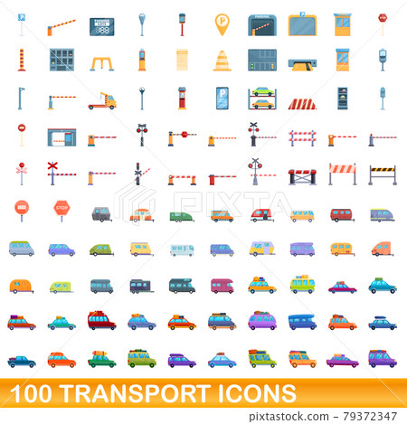100 transport icons set, cartoon style 79372347