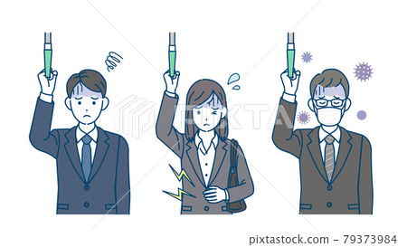Men and women in suits who are in poor physical condition, passengers in the car, abdominal pain, cold, commuting, illness, illustration material 79373984
