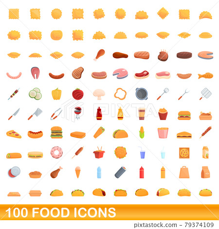 100 food icons set, cartoon style 100 food icons set, cartoon style 79374109